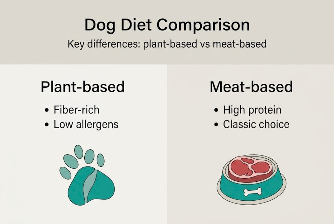 Infographic comparing plant and meat dog diets