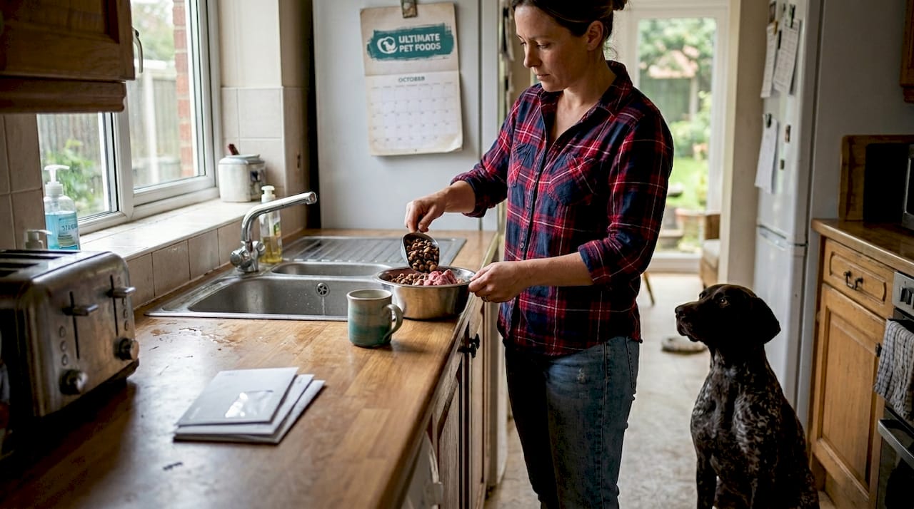 Woman preparing dog food in home kitchen
