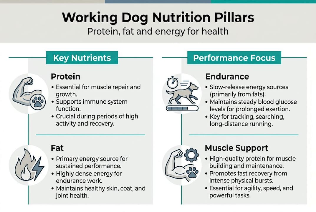 Infographic showing pillars of working dog nutrition