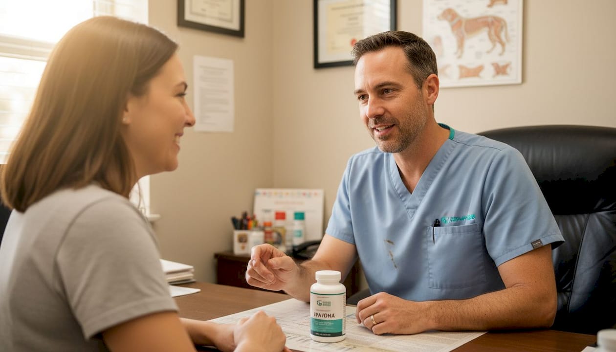 Veterinarian discusses fish oil supplement with client