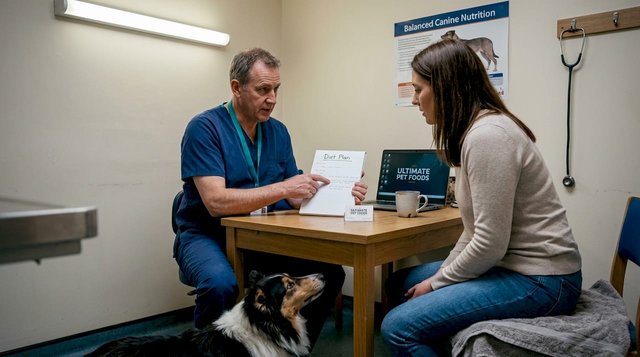 Vet and owner discussing grain-free diet plan