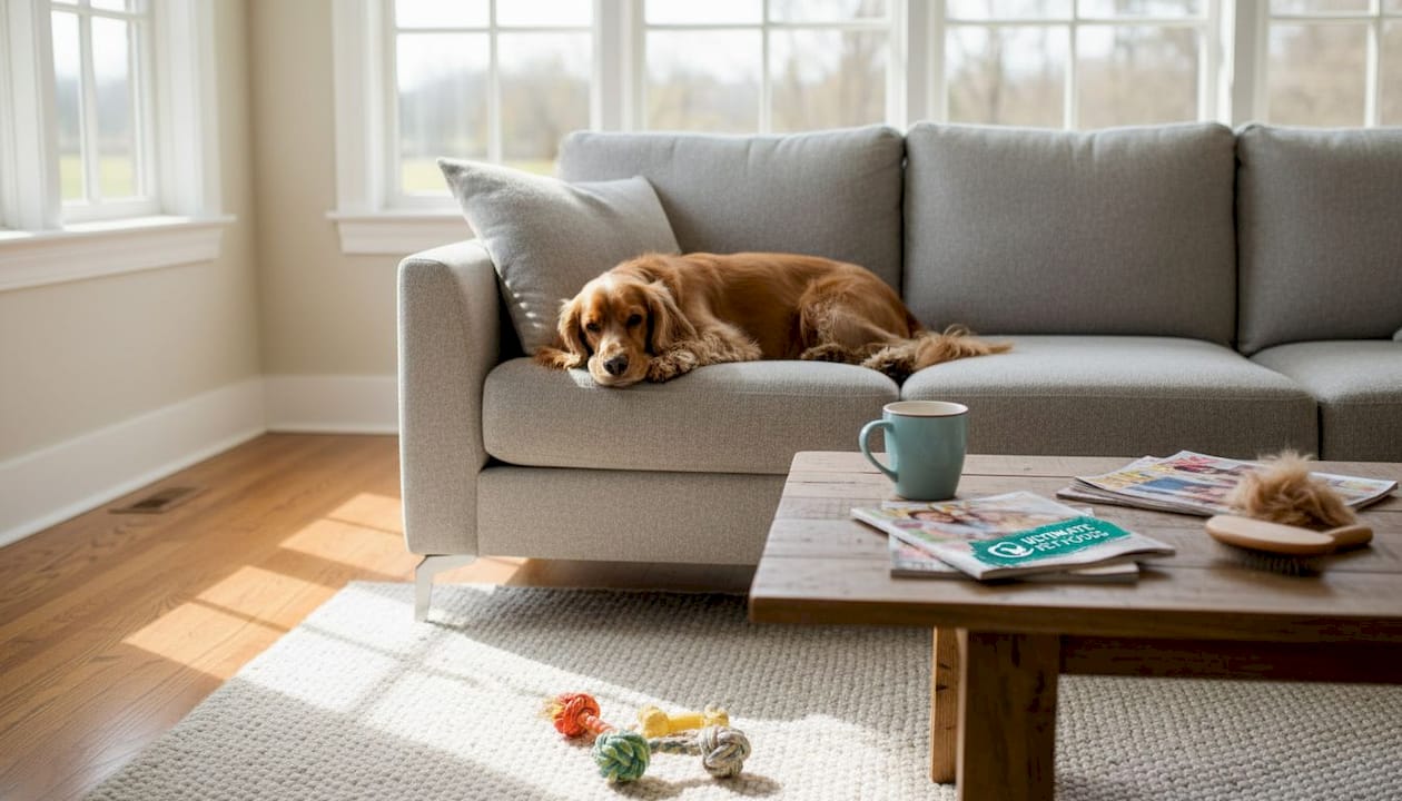 Dog with shiny coat on living room sofa