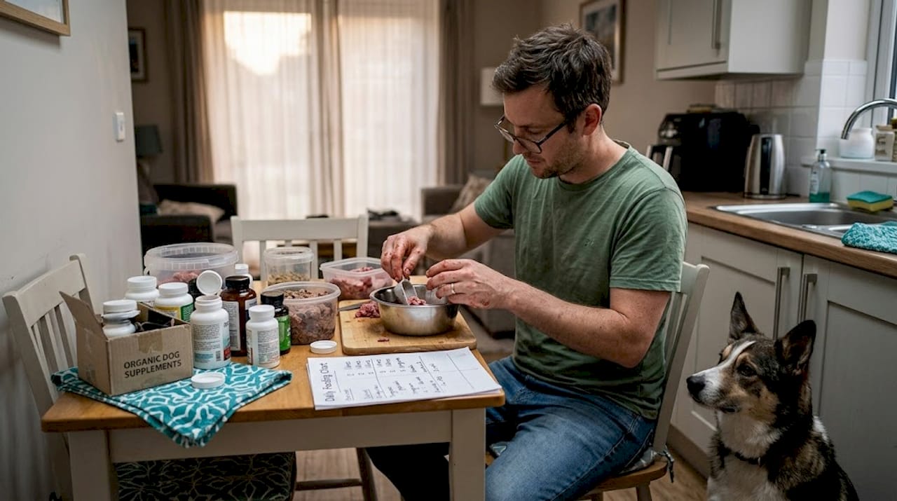 Dog owner sorting fresh food and supplements