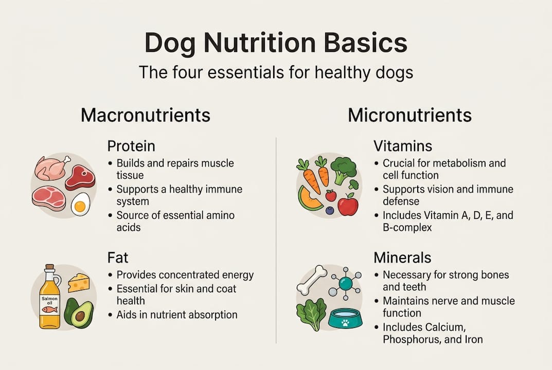 Infographic showing dog nutrition core components