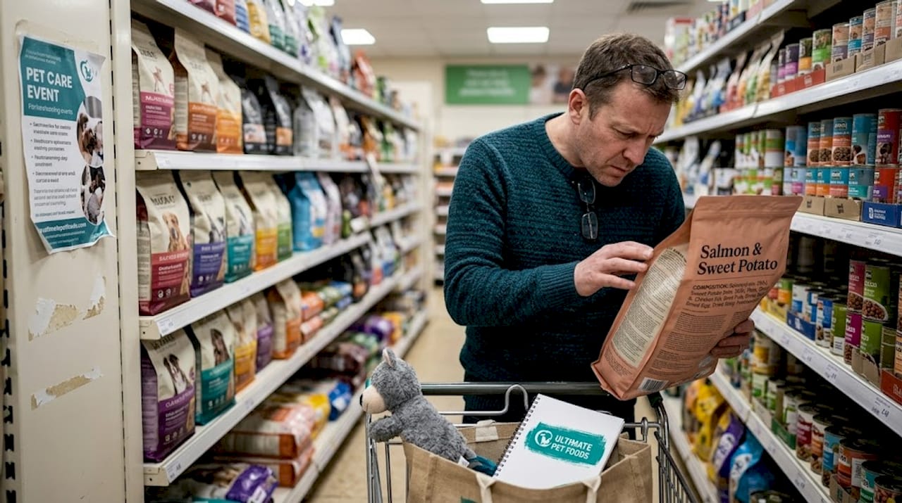 Man closely reading dog food ingredient label in store