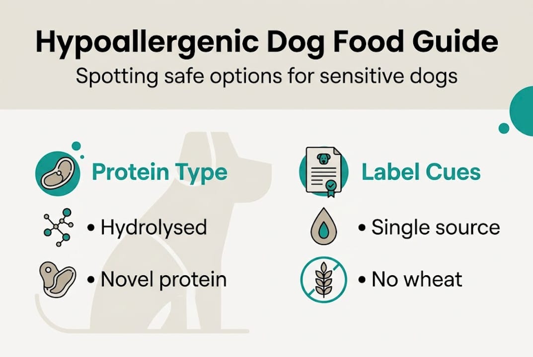 Infographic showing main features of hypoallergenic dog food