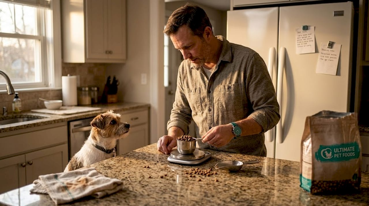 Person weighing dog food on digital scale