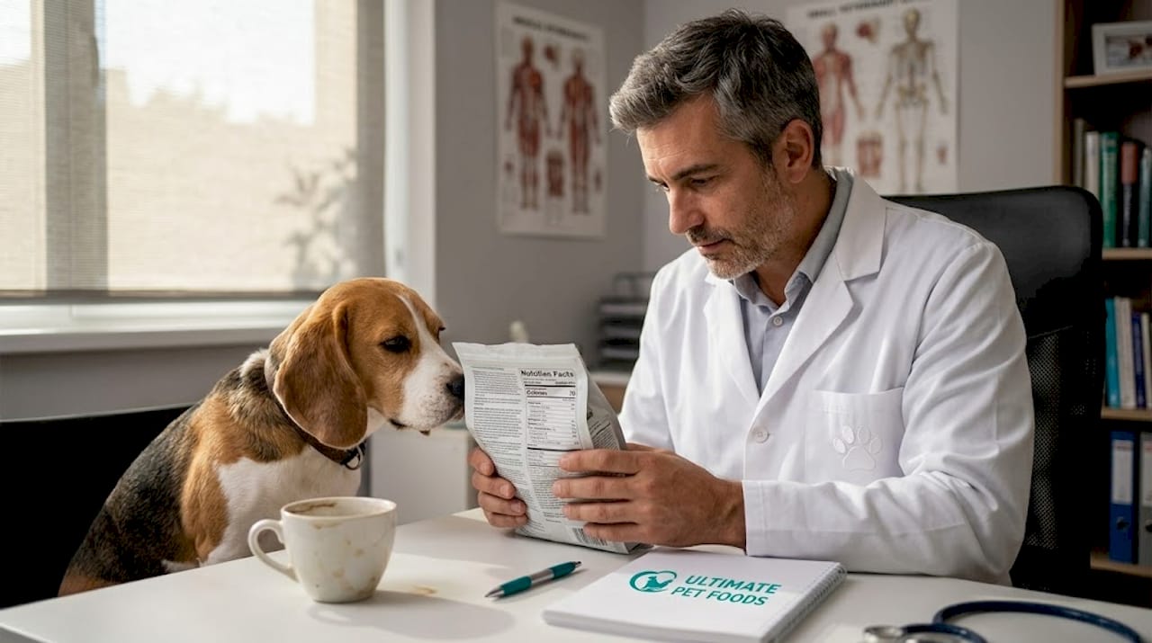 Veterinarian reviewing dog food nutrition label