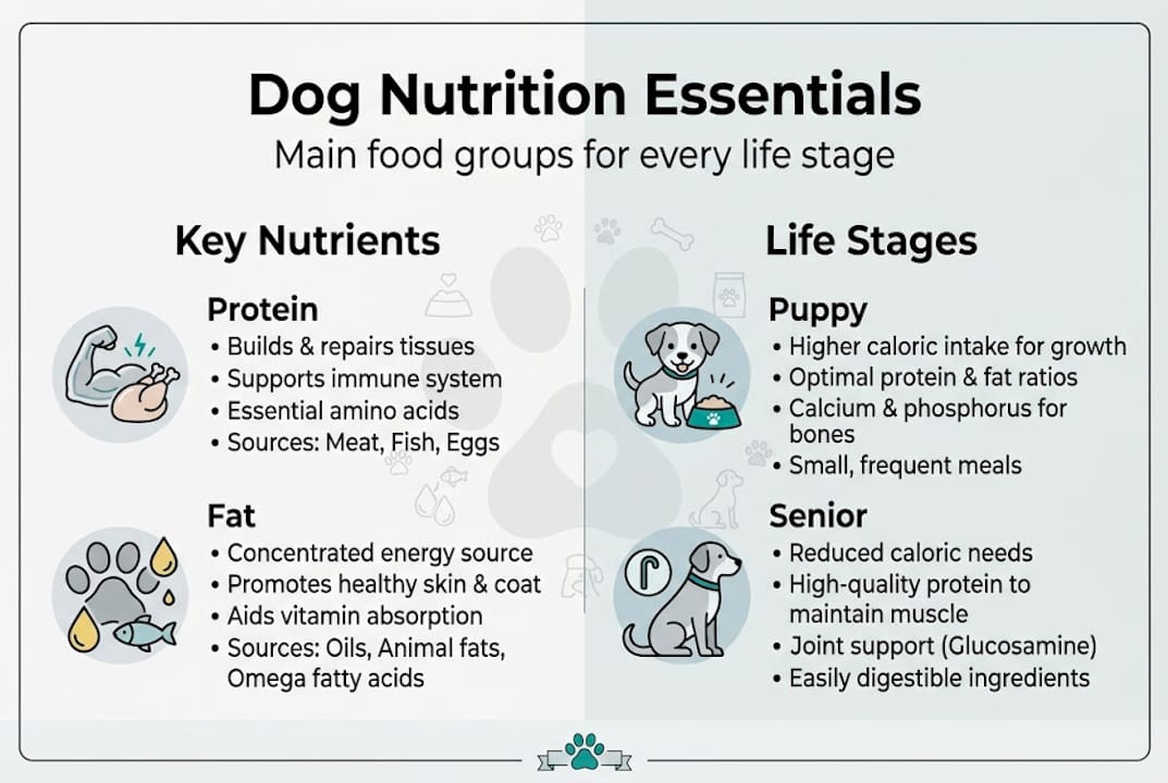 Dog nutrition infographic with nutrients and life stages