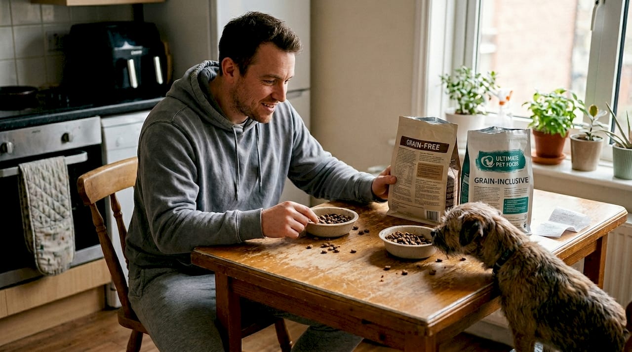 Man comparing grain-free vs grain-inclusive dog food