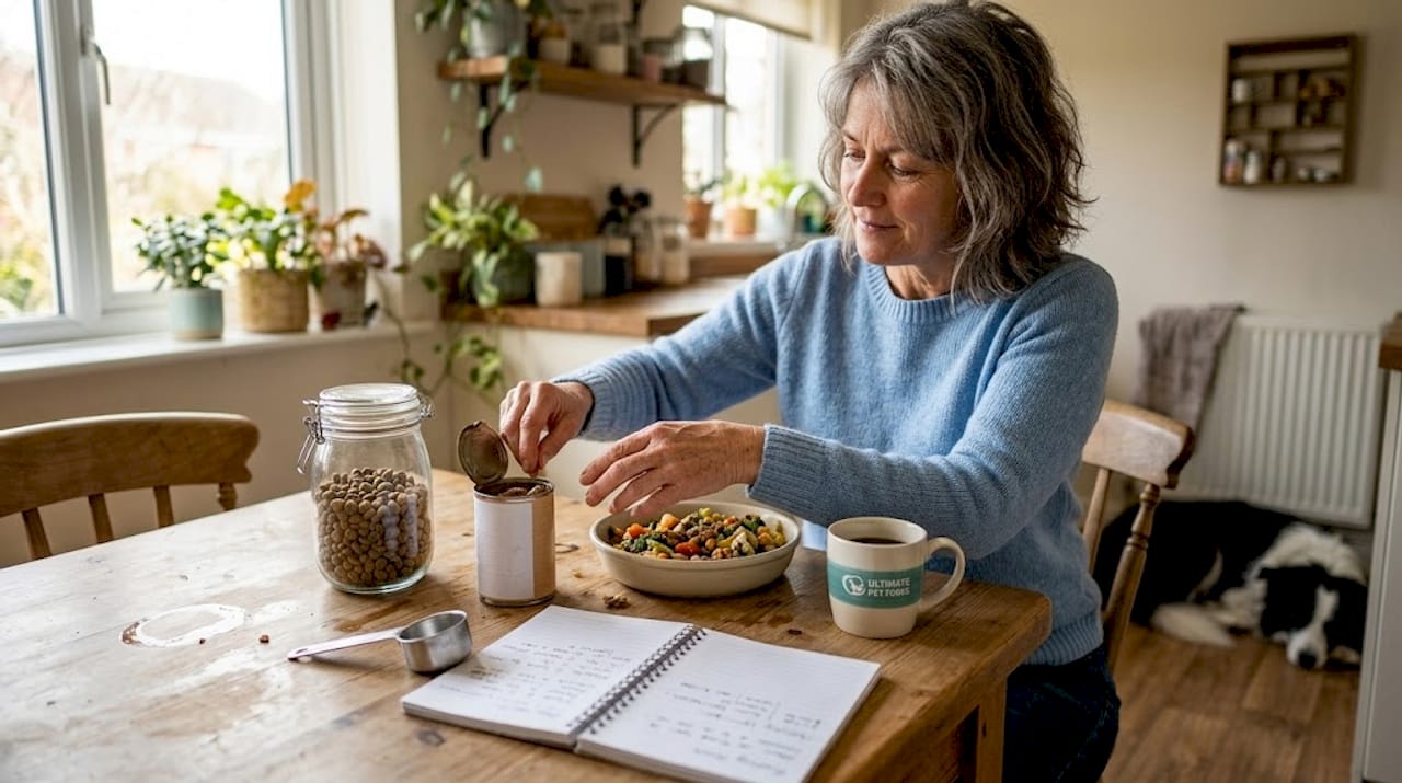Woman preparing various dog food types