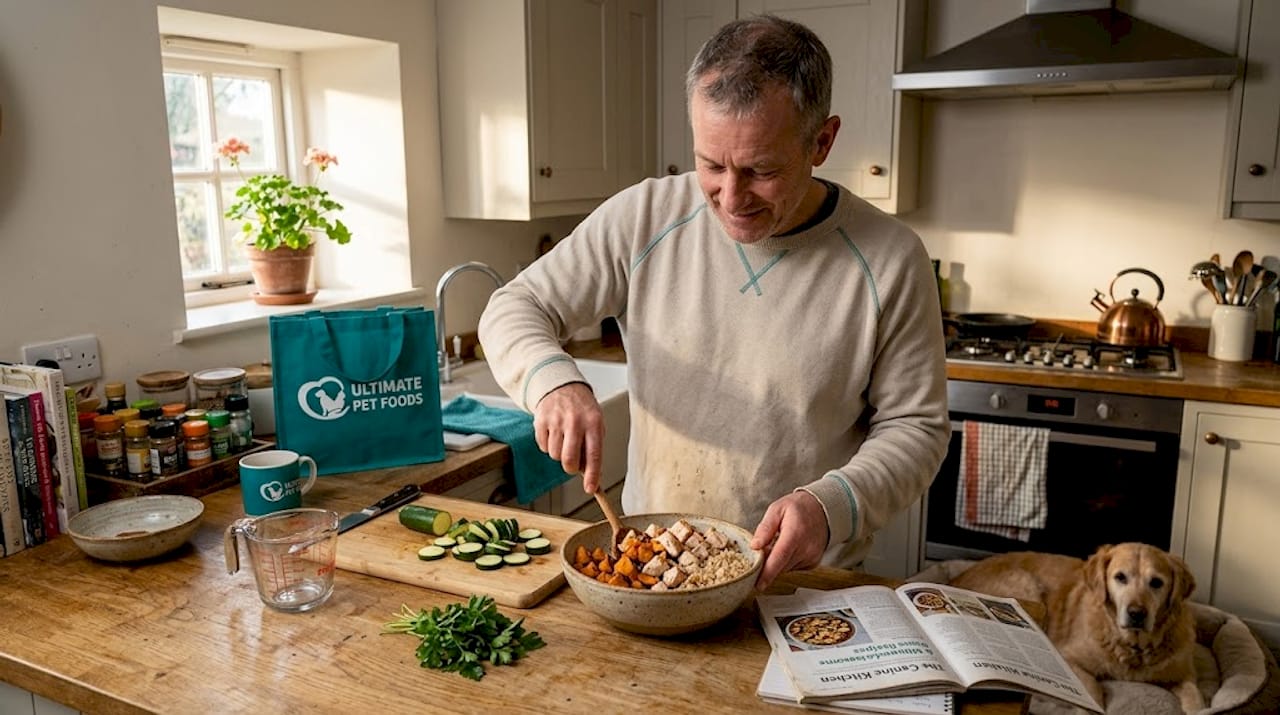 Preparing natural dog food in UK kitchen