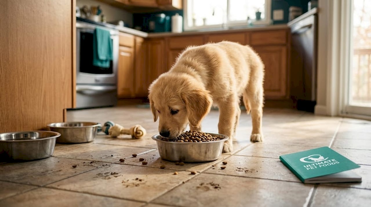 Puppy eating food in sunlit kitchen