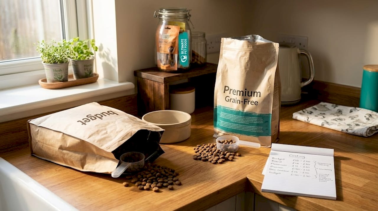 Comparing budget and premium dog food bags in kitchen
