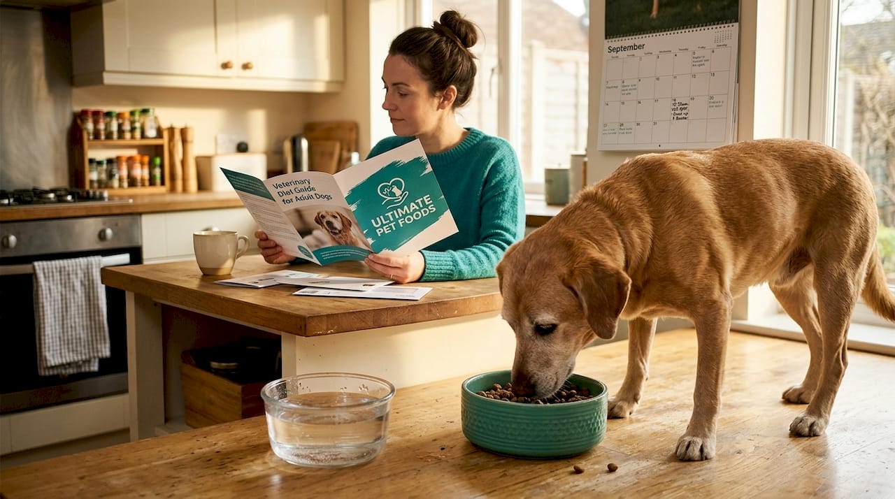 Dog eats tailored meal in cozy kitchen