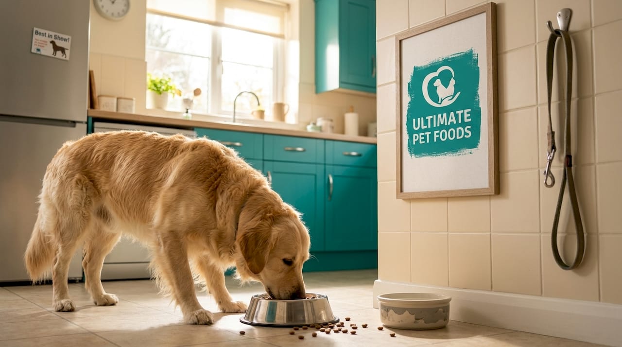 Dog eating on kitchen floor at mealtime