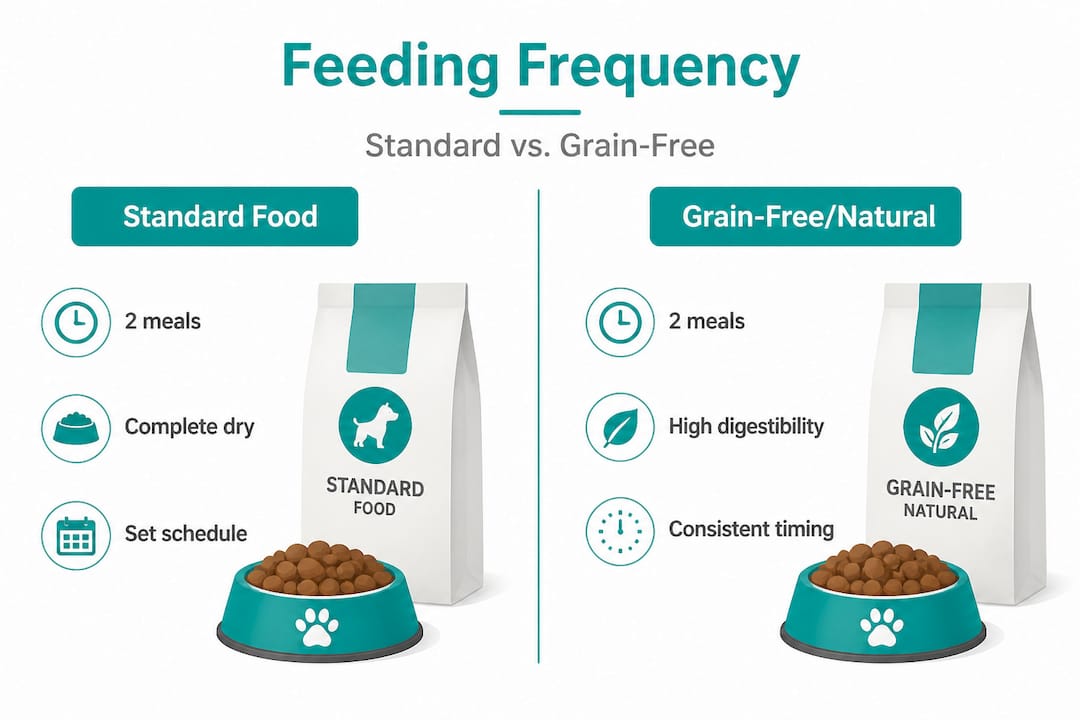 Infographic comparing standard and grain-free dog feeding schedules
