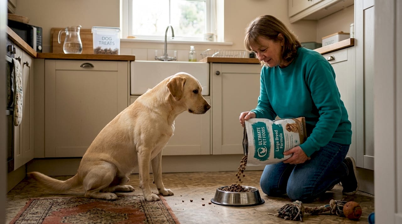 Dog owner feeds Labrador breed-specific kibble in kitchen