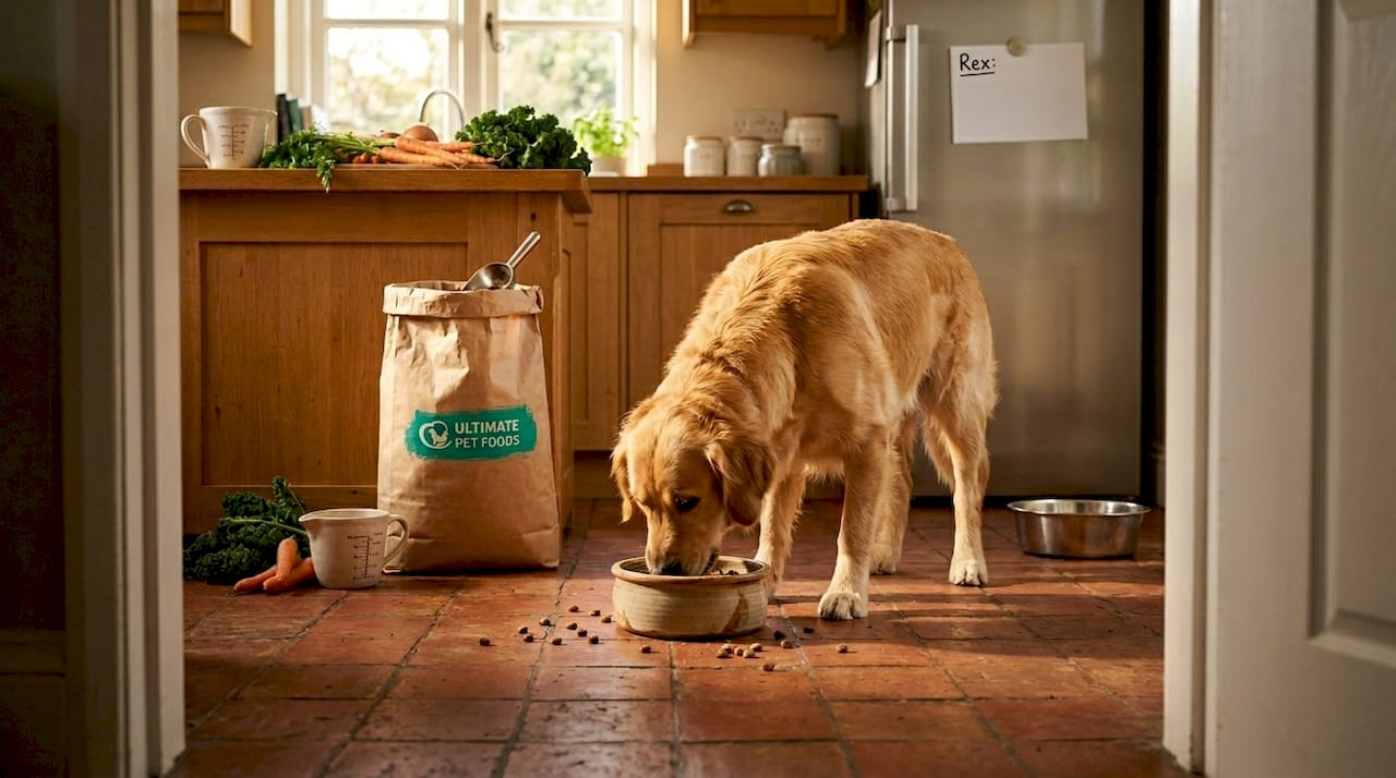 Dog eating custom meal in home kitchen