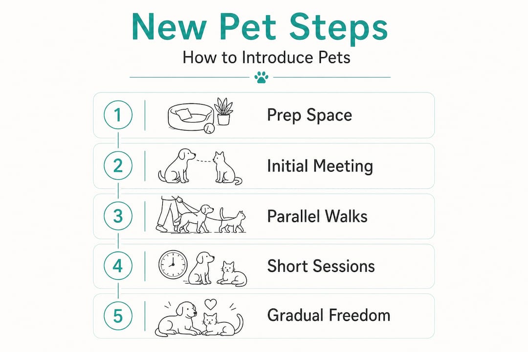 Infographic showing five step new pet introduction process