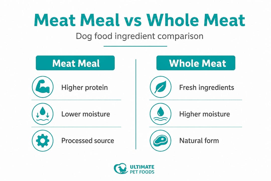 Split infographic comparing meat meal and whole meat ingredients