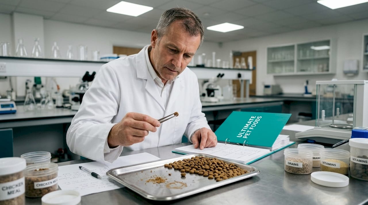 Nutritionist examines dog food samples in lab