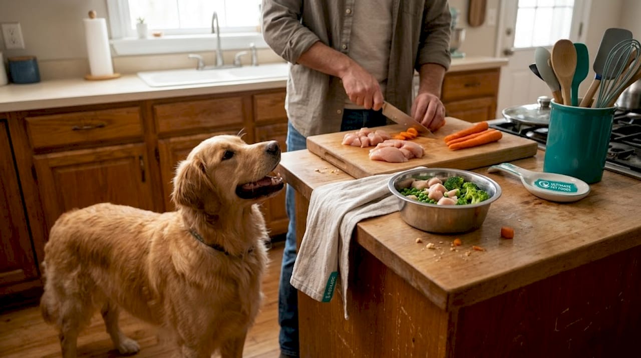 Dog watching fresh food prepared in kitchen