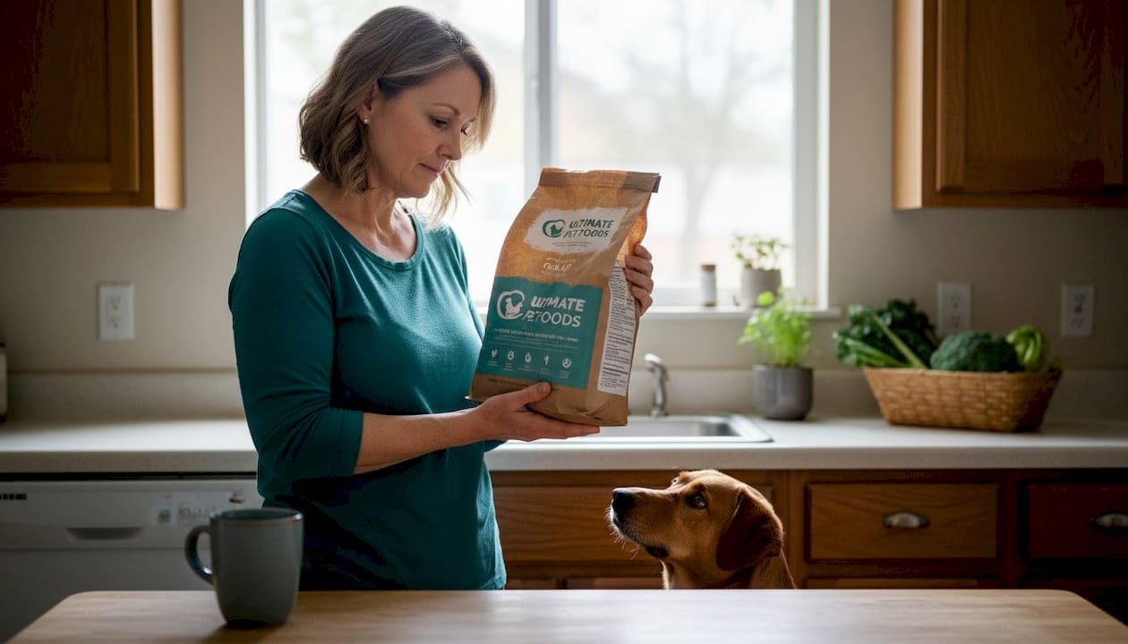 Owner reads dog food label in kitchen with dog nearby