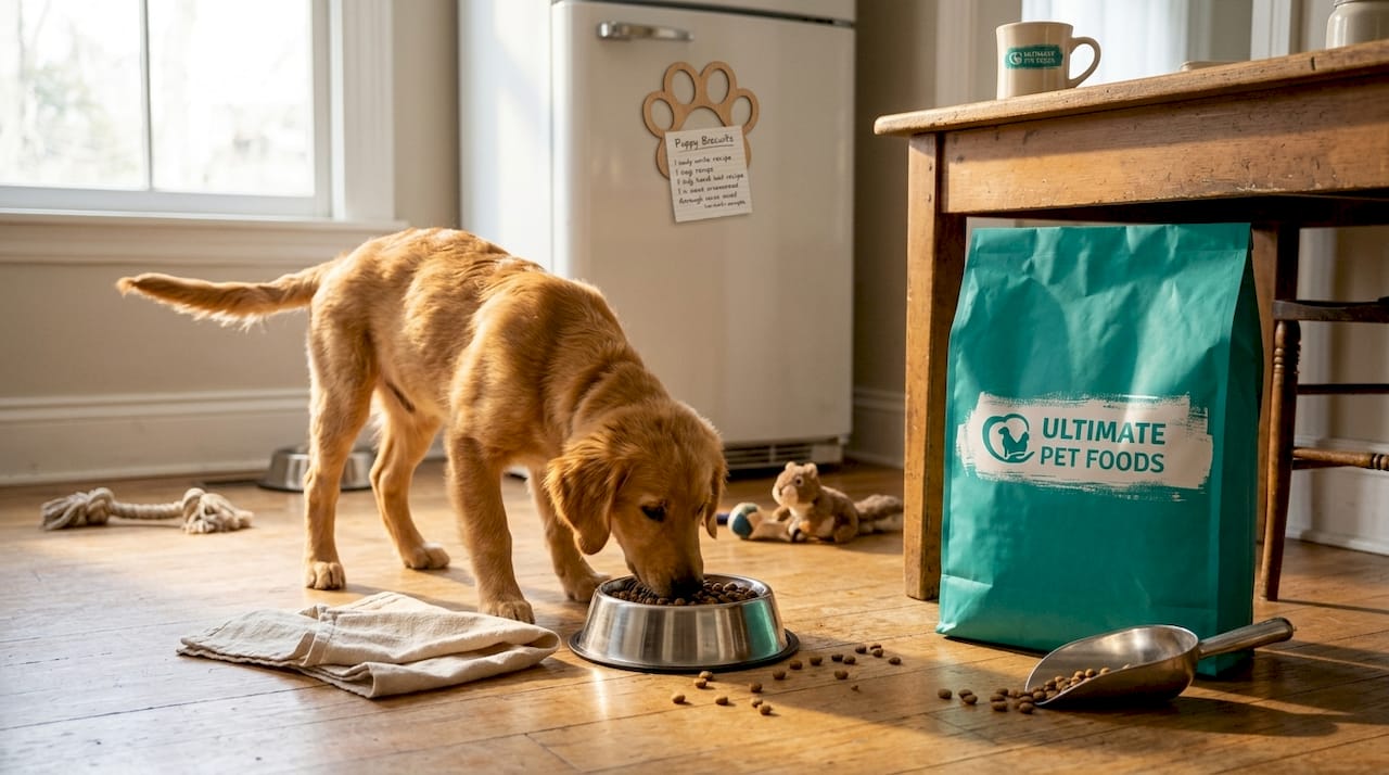 Puppy eating from food bowl in sunny kitchen