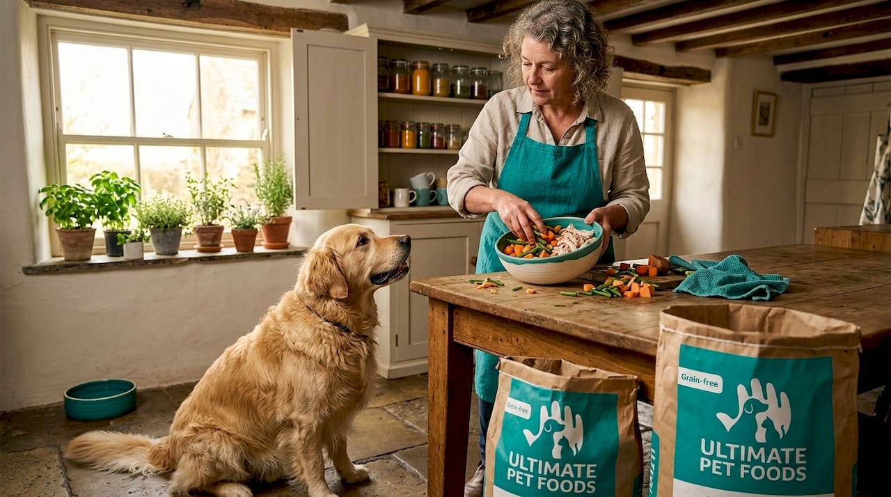 Owner prepares grain-free meal for attentive dog