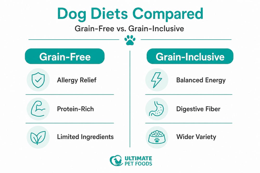 Infographic comparing grain-free and grain-inclusive diets