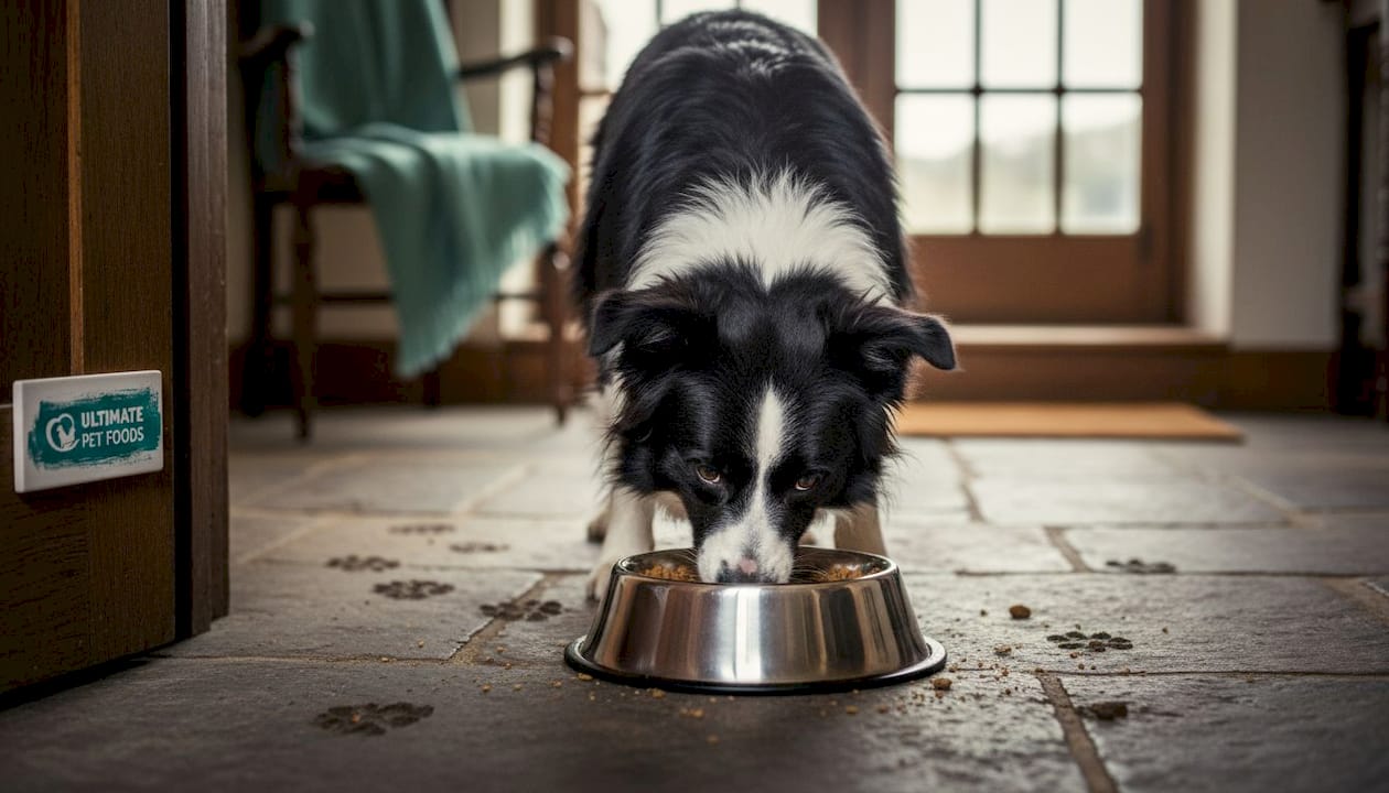Working Border Collie eating in farmhouse mudroom