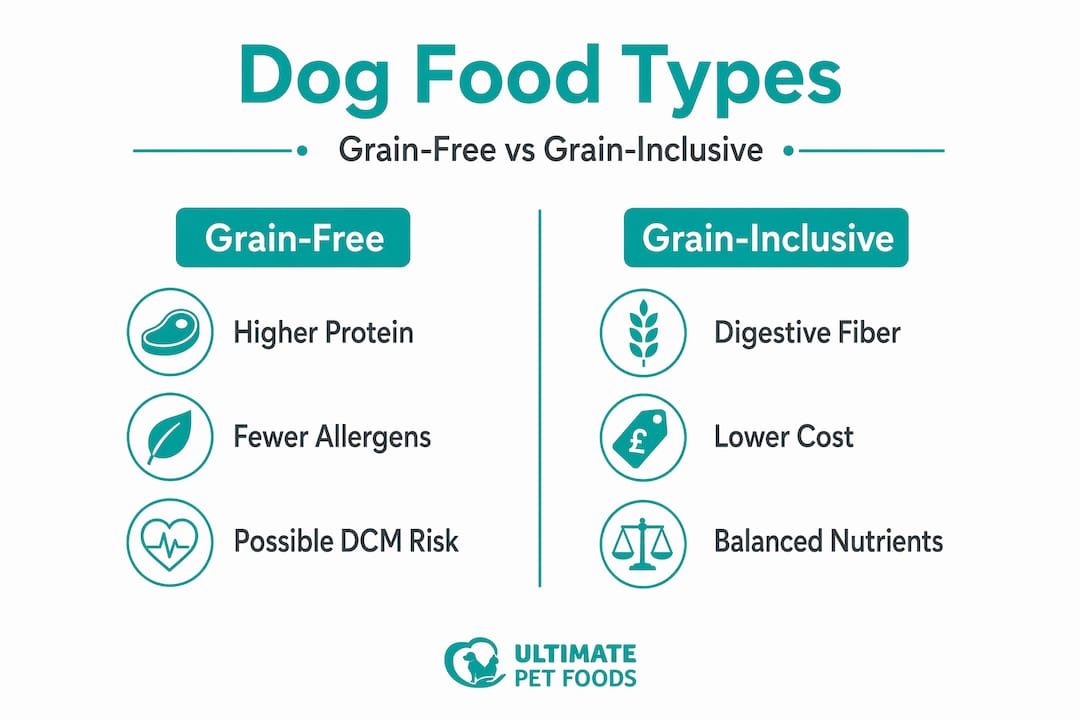 Infographic comparing grain-free and grain-inclusive dog foods