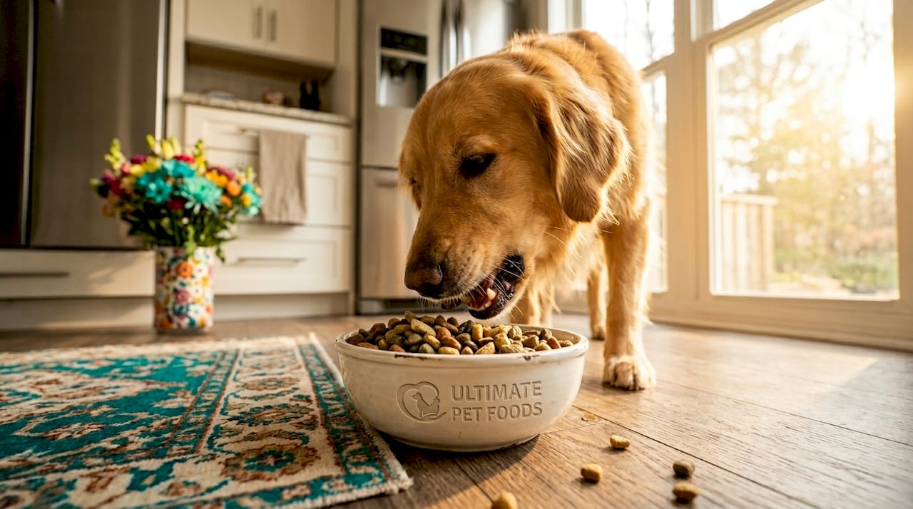 Dog eating dental kibble in kitchen