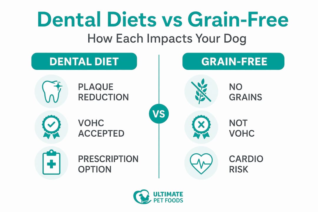 Dental vs grain-free dog food comparison infographic
