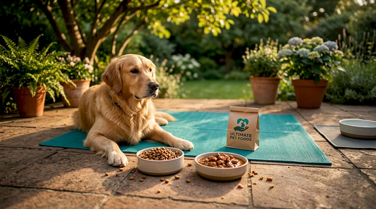 Dog comparing dry and wet food bowls