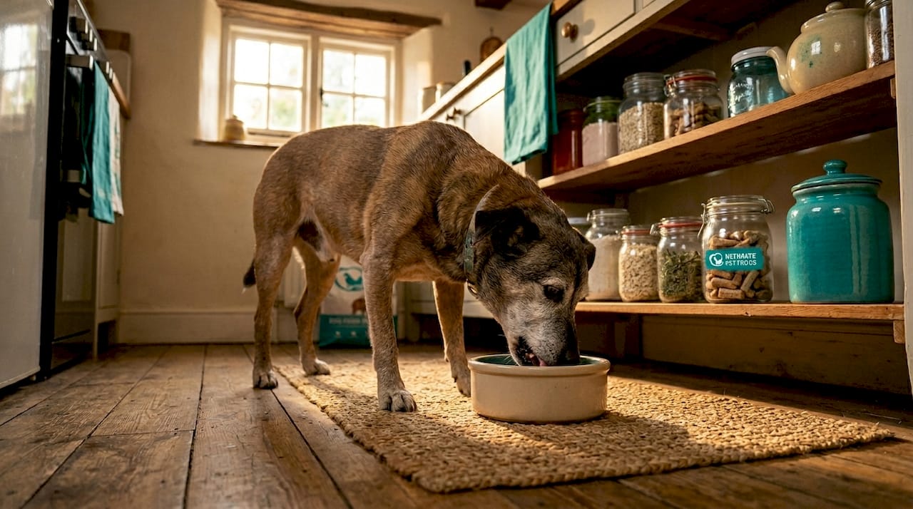 Senior dog eating in warm, home kitchen