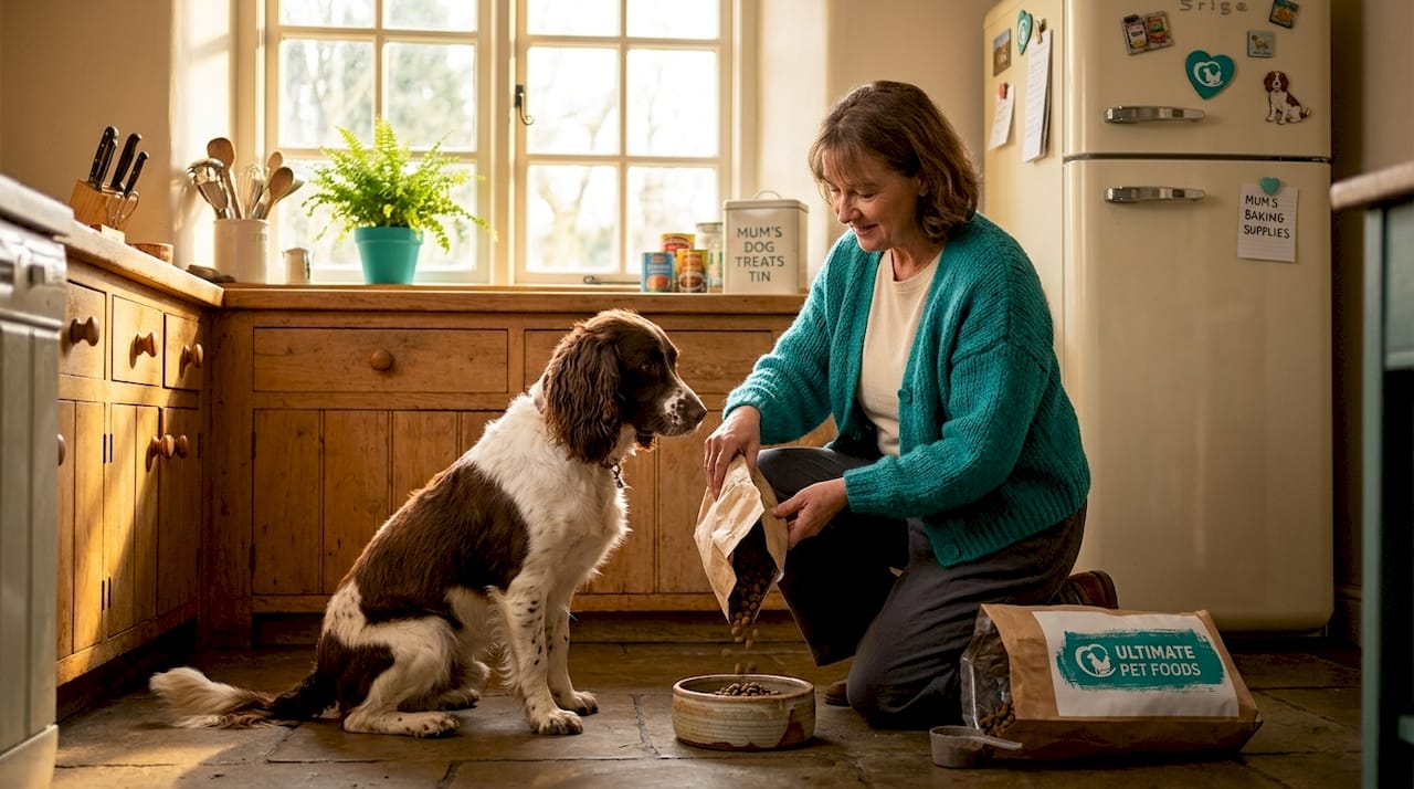 Dog owner feeding complete dog food in home kitchen