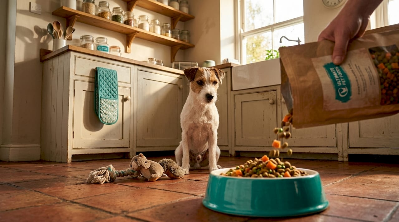 Dog waiting for bowl of chicken free dog food