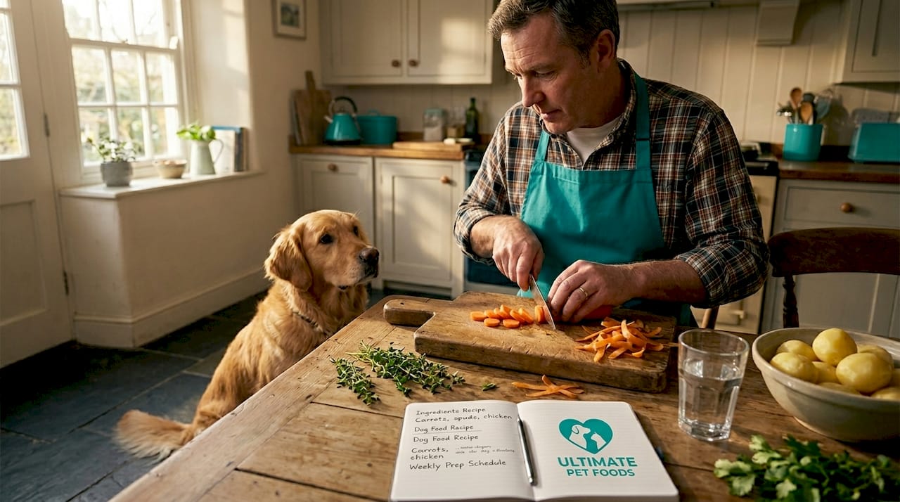 Owner making homemade dog food in bright kitchen