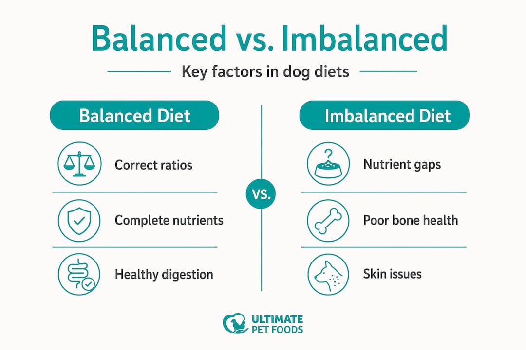 Infographic comparing balanced and imbalanced dog diets