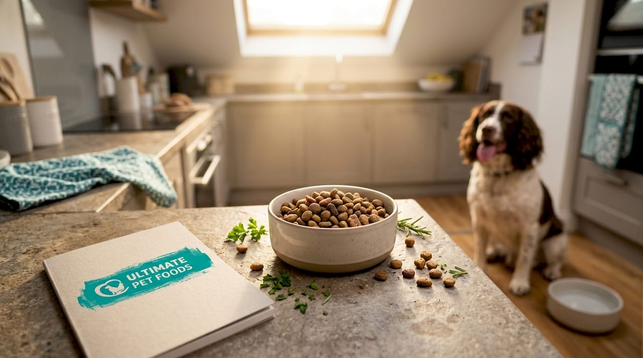 Dog food bowl with chicken and waiting dog