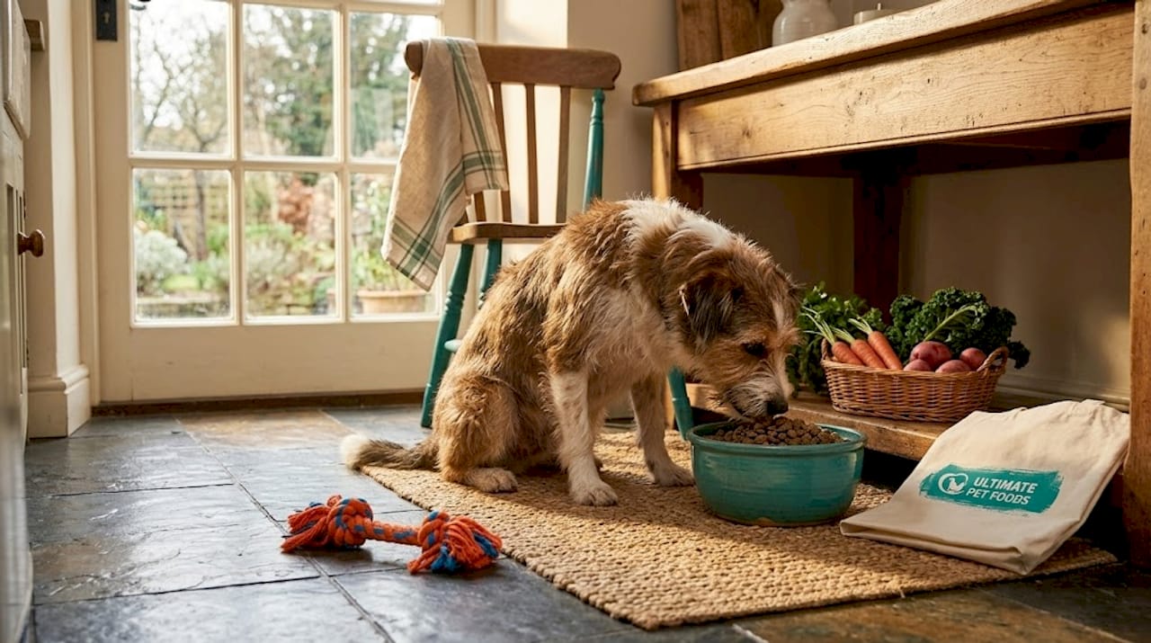 Dog eating quality dog food in kitchen