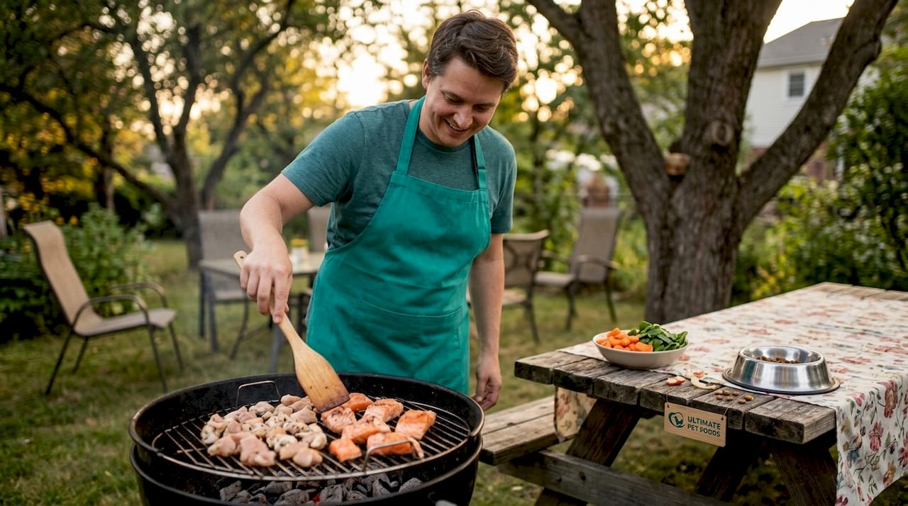 Cook preparing dog meal with meat, fish, and vegetables