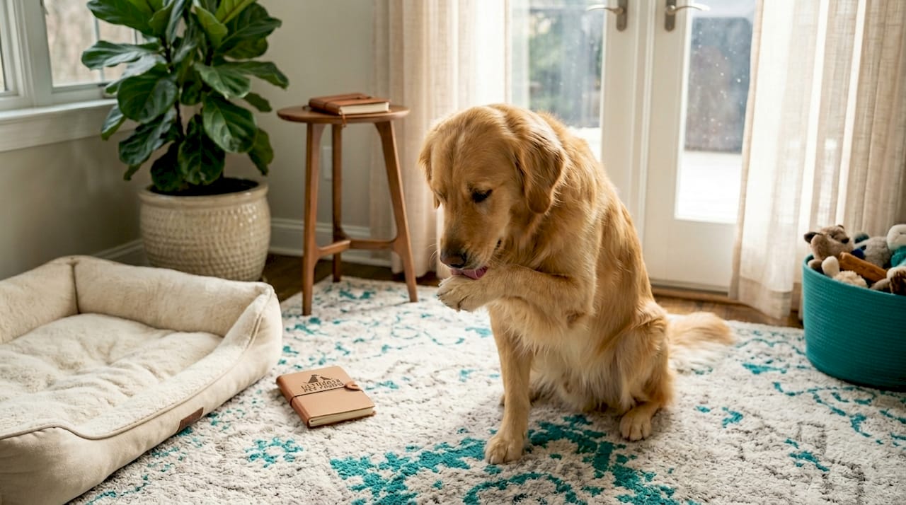 Dog licking paw on living room rug