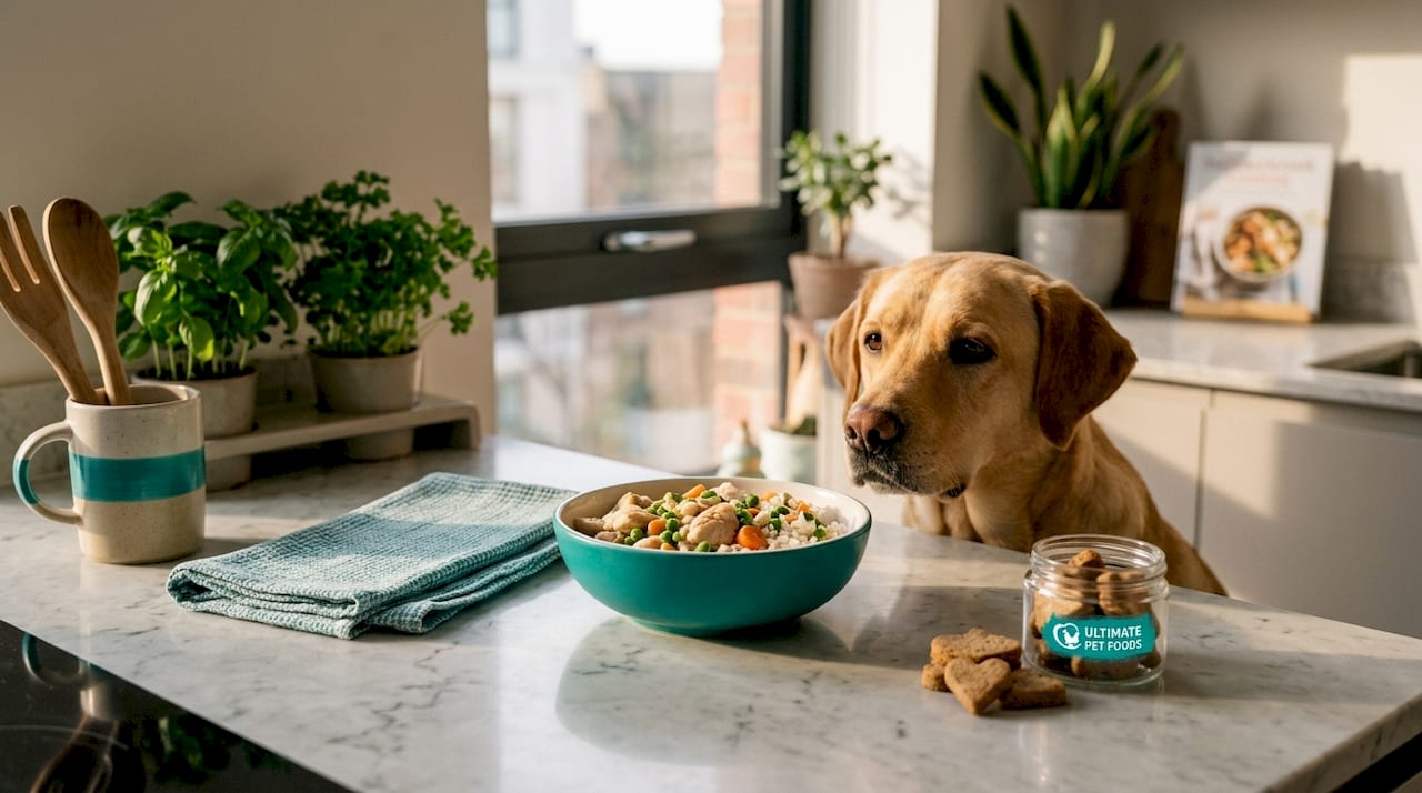 Dog bowl with fresh meal in kitchen