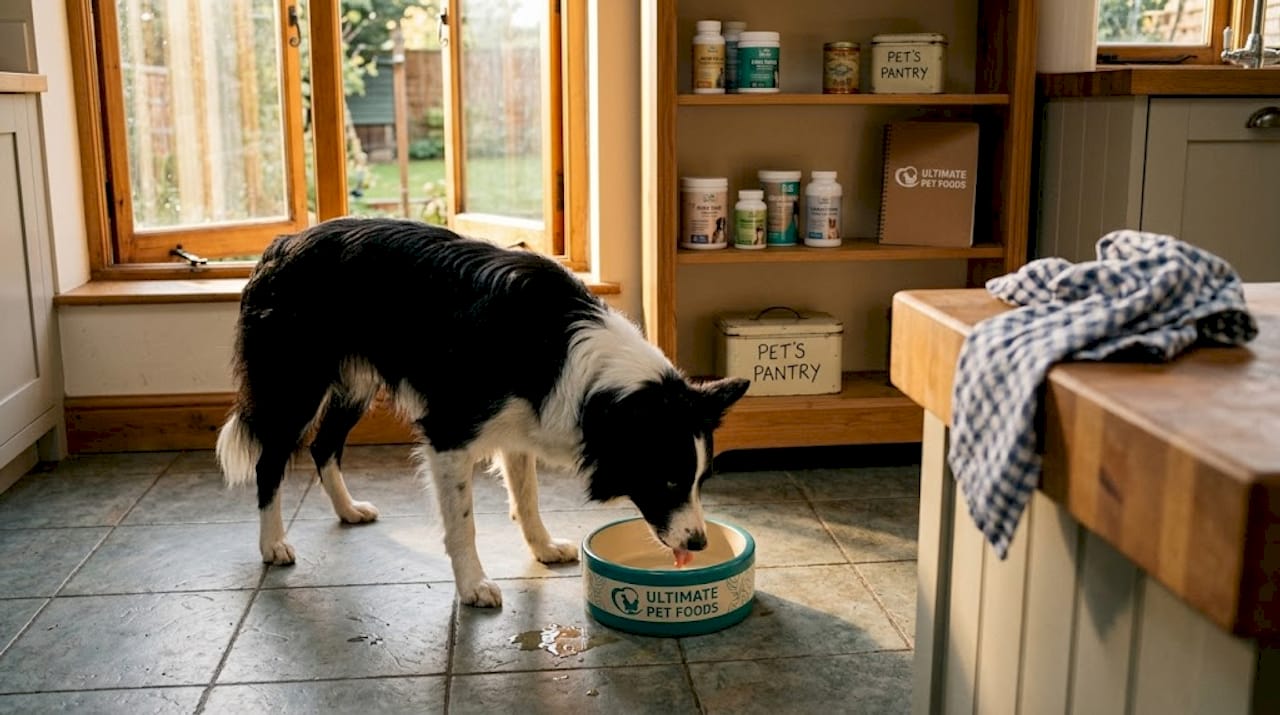 Active dog eating with supplements in kitchen