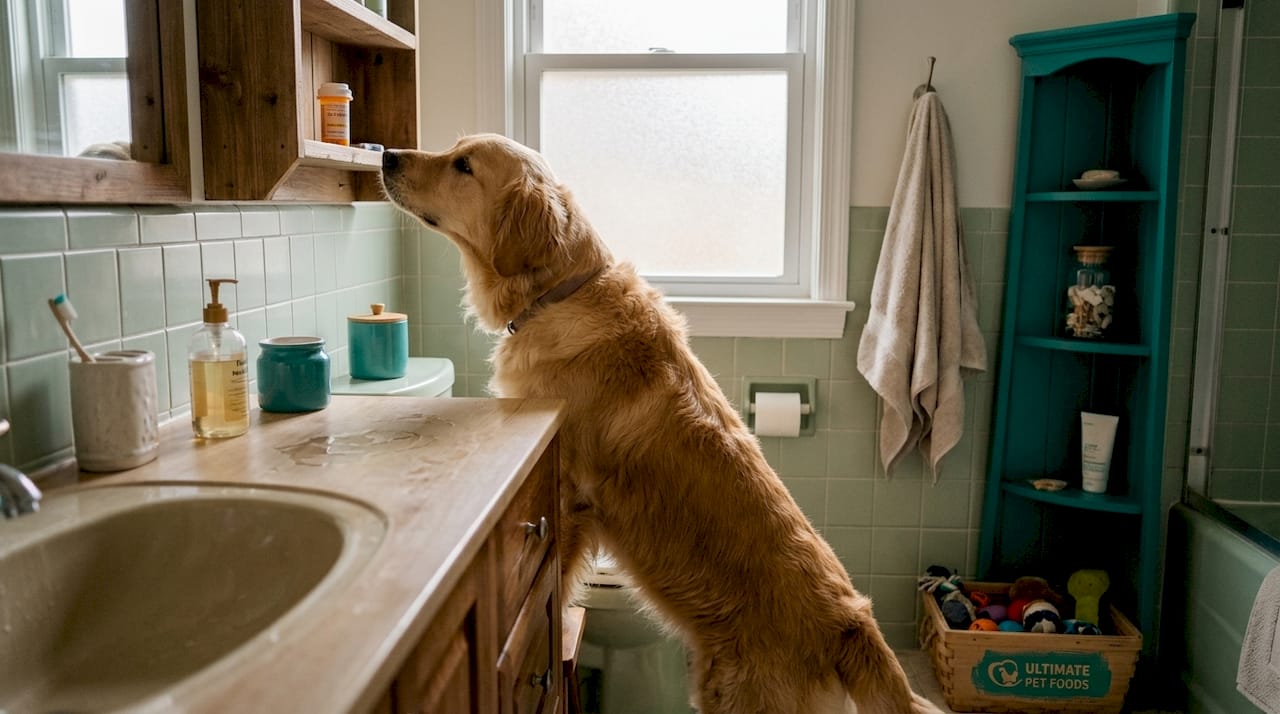 Dog in bathroom with medications stored out of reach