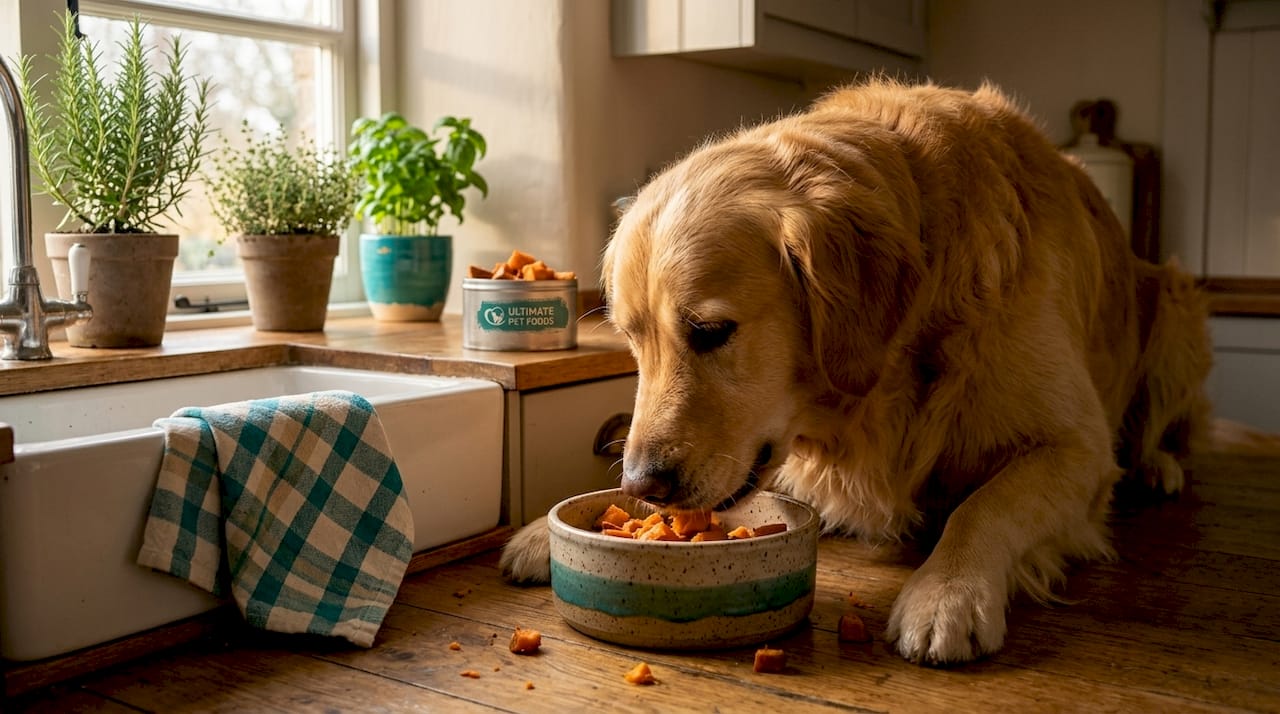 Dog eating sweet potatoes in family kitchen