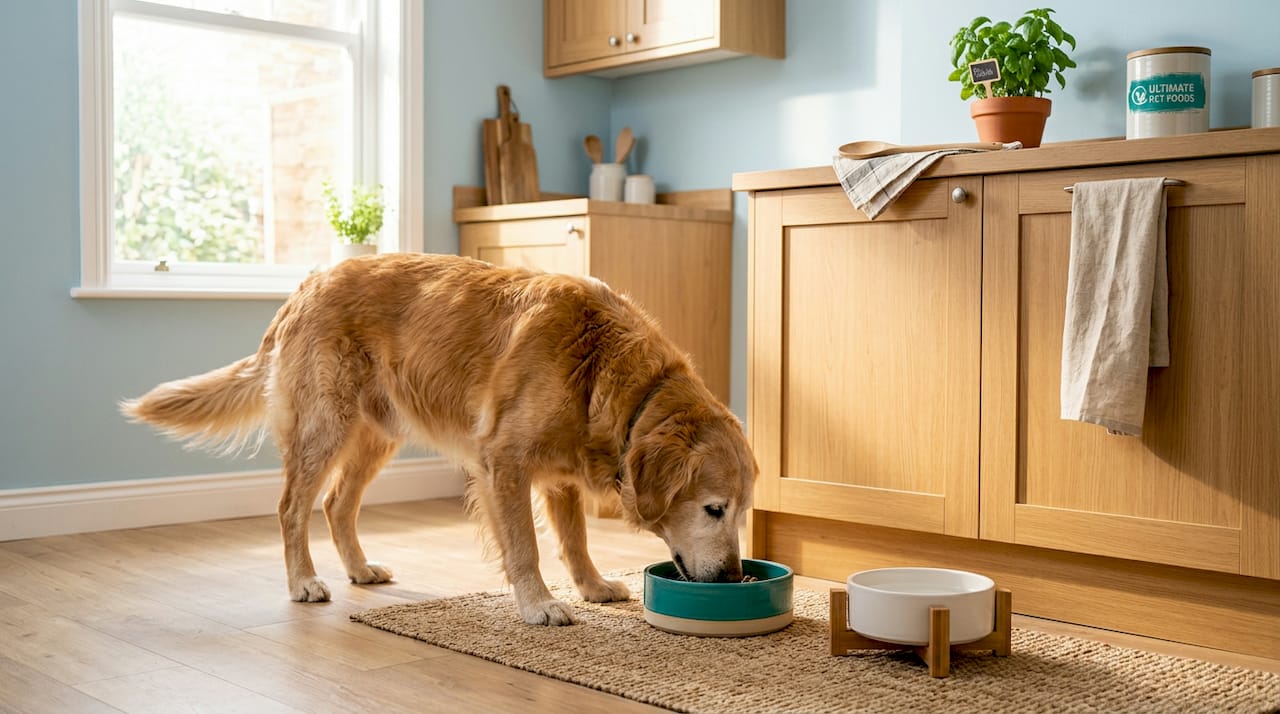 Older dog eating breakfast in sunlit kitchen